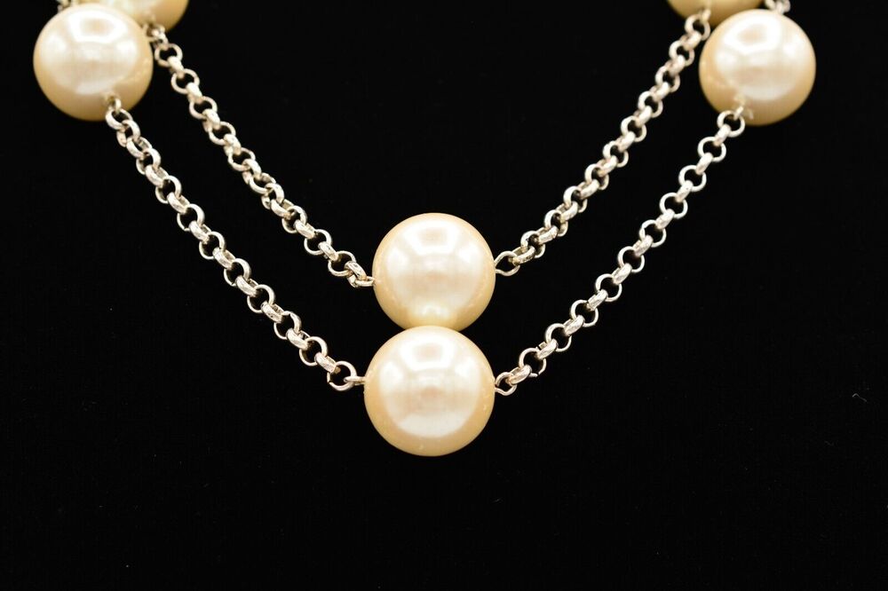 Carolee Vintage Necklace Chunky Pearl Linked Heavy Silver Tone Chain 90s Bin6B